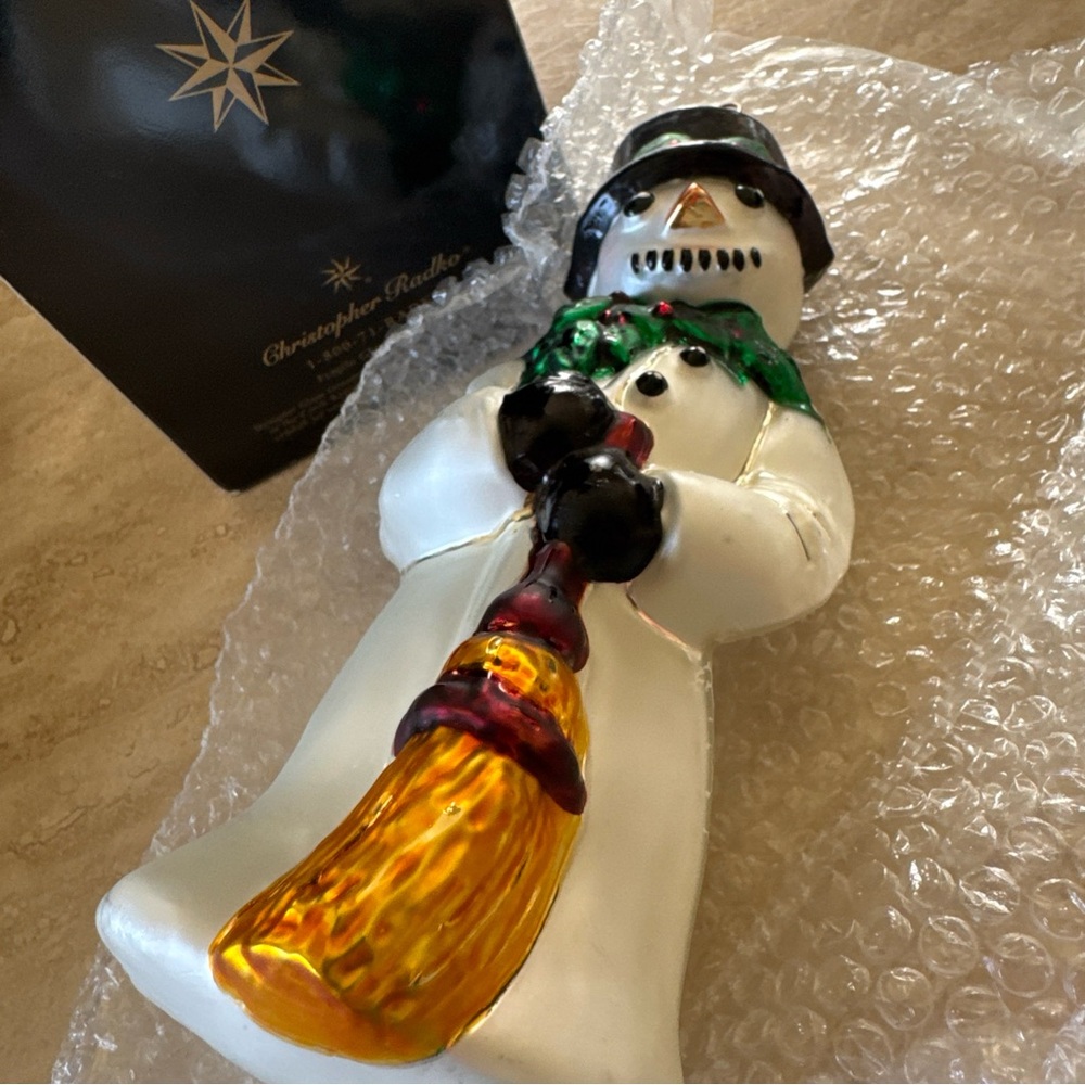 Christopher Radko White Snowman Ornament with Green Scarf and Gold Broom